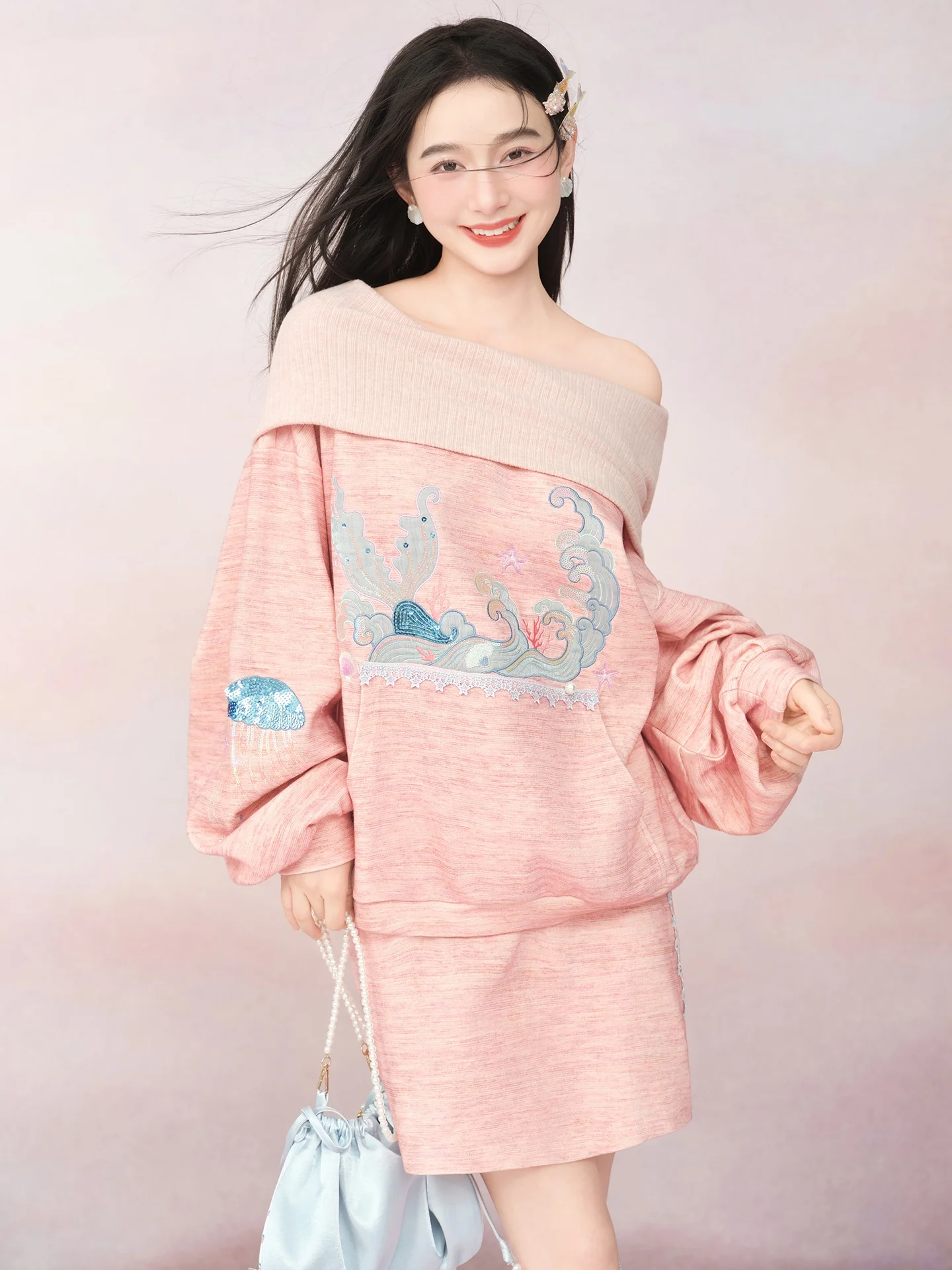 

Loose Knitted Sweatirt And f Skirt Set Original Design Spring Faion Trend Embroidery Cotton Blend Comfortable Women's ...