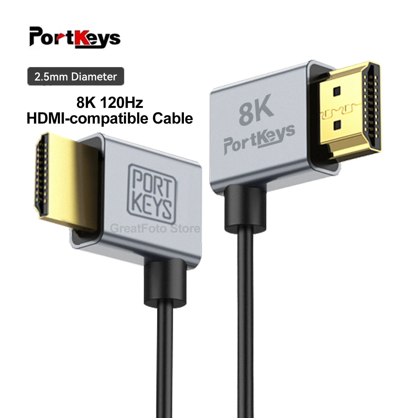 

Portkeys 2.5mm Ultra-thin HDMI-compatible Cable, 8K 120Hz Double Bend Data Cable Head 0.3m/1m for Camera