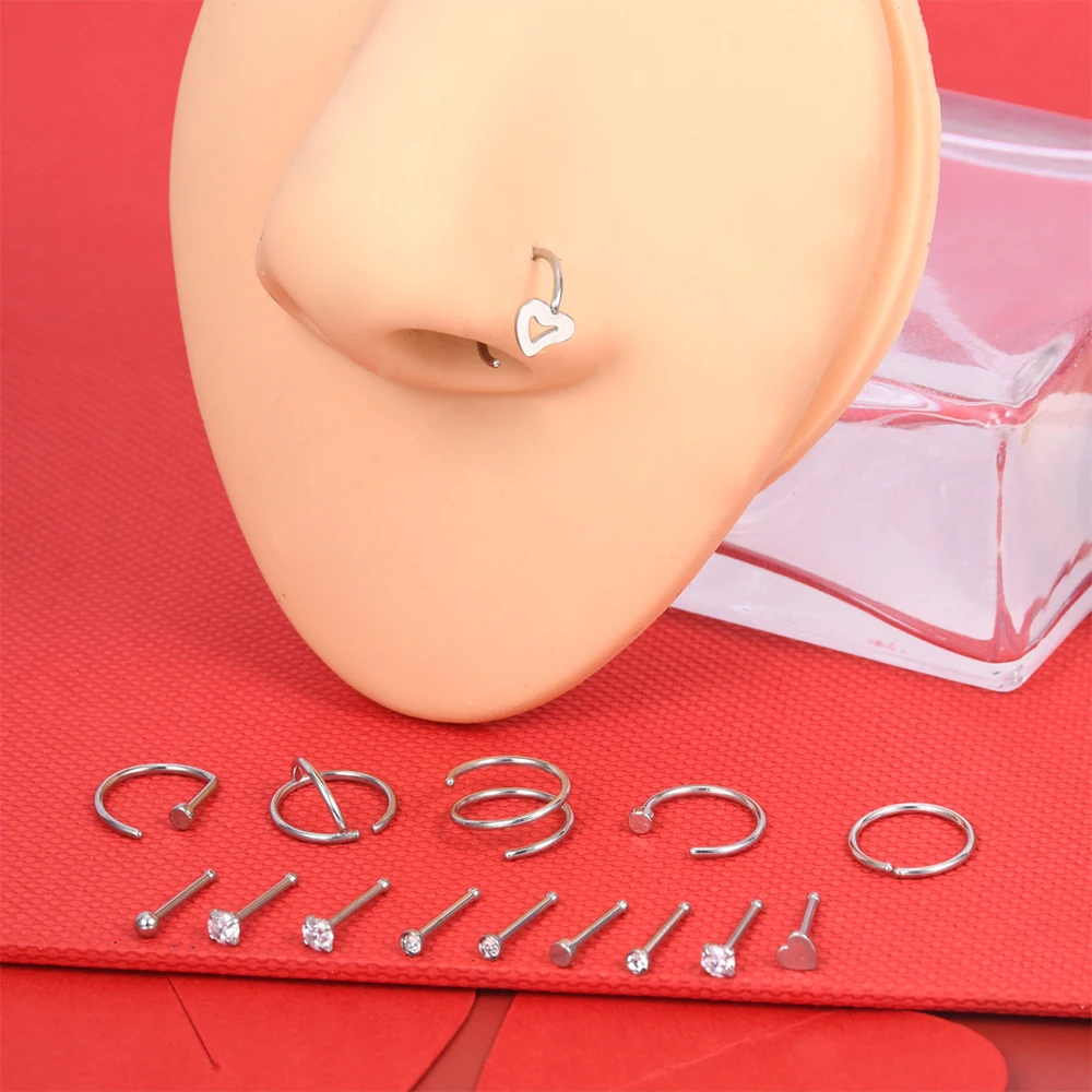 15Pcs/Set Stainless Steel Nose Ring Nose Stud Earrings Punk Bend Nose Stud Septum Piercing Jewelry Classical D Shaped Nose Ring