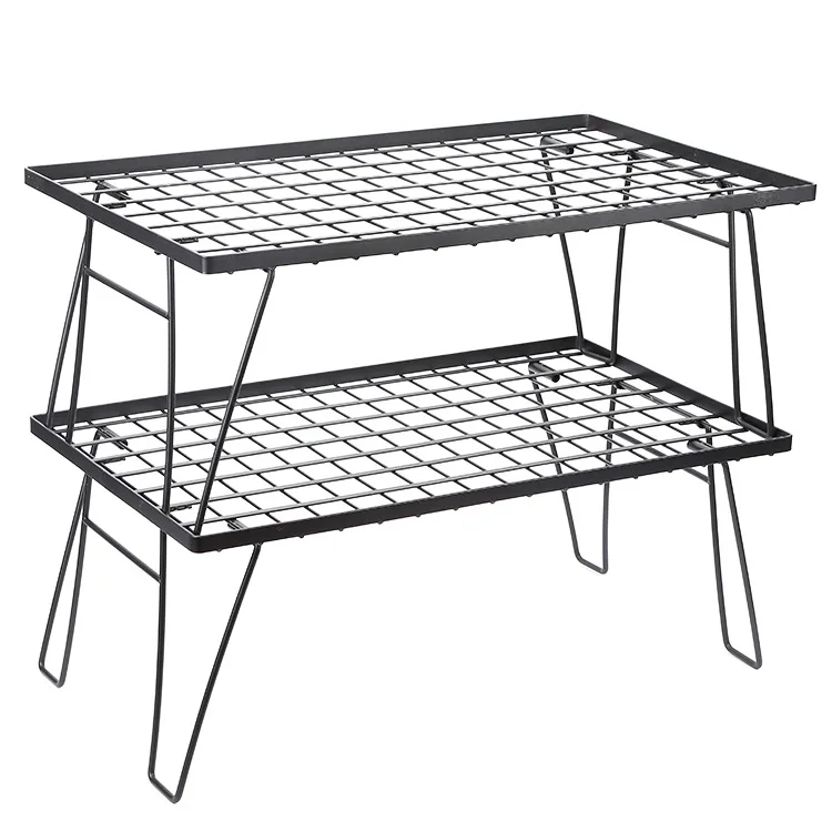 Outdoor Camping Iron Art Table Portable Grid Shelf Bamboo Board Picnic Storage Rack Foldable Leisure Furniture Combination