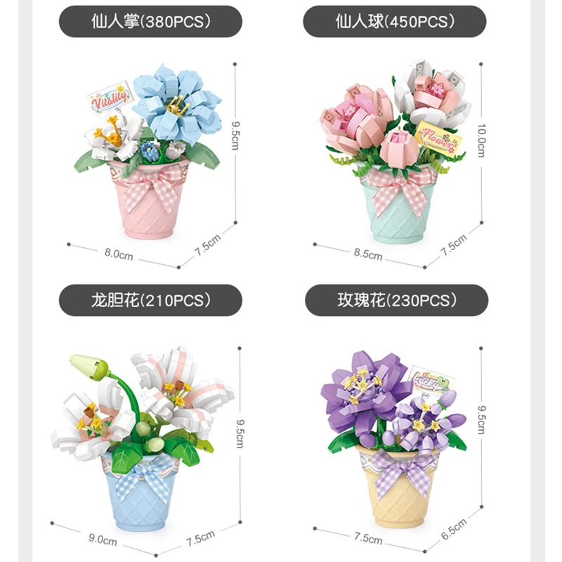 MOC CUTE Bouquet Flowers Succulent Flowerpot Plant Snow Lotus Rose Lily Model Building Blocks Sets Bricks Toy City