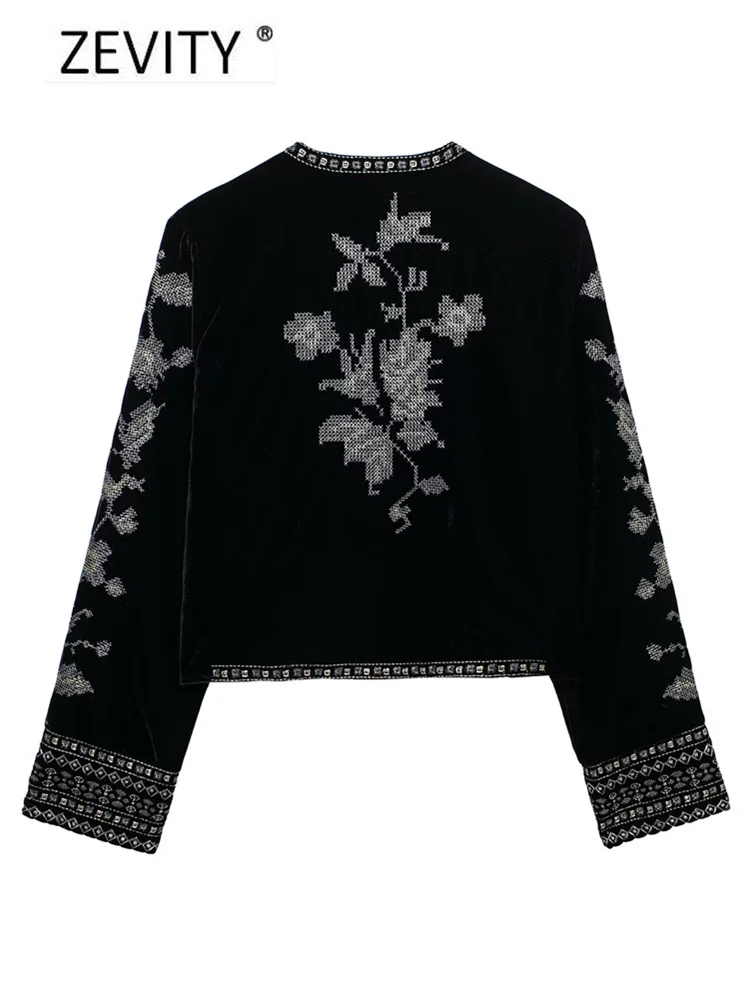 Zevity New Women Vintage O Neck Geometric Floral Embroidery Short Velvet Coat Office Lady Long Sleeve Outwear Jacket Tops CT7352