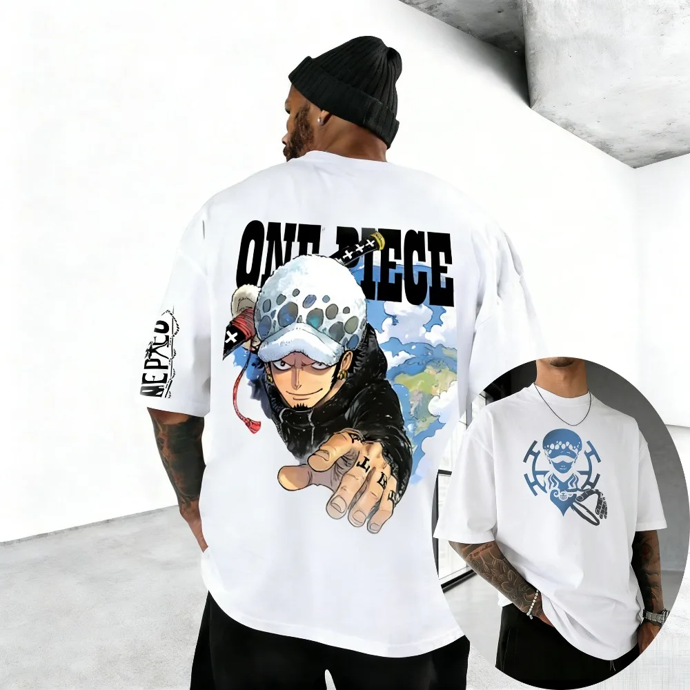 One Piece Trafalgar D. Water Law Unisex Pure Cotton T-shirt 2026 Summer Anime Print Loose Casual Parent-child Short Sleeved Top