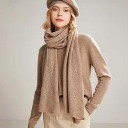 100% Wool Scarf Women Winter Solid Knitted Hollow Out Shawl Fashion Scarves Capes Warm Wraps Lady Cashmere Like Neckerchief