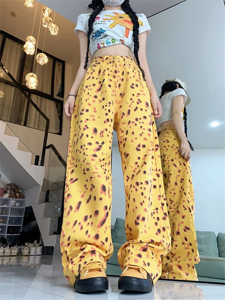 

Women's Yellow Leopard Print Spot Print Wide Leg Pants Fashion Young Girl Tie Dye Bottoms Female Straight High Waisted Trousers
