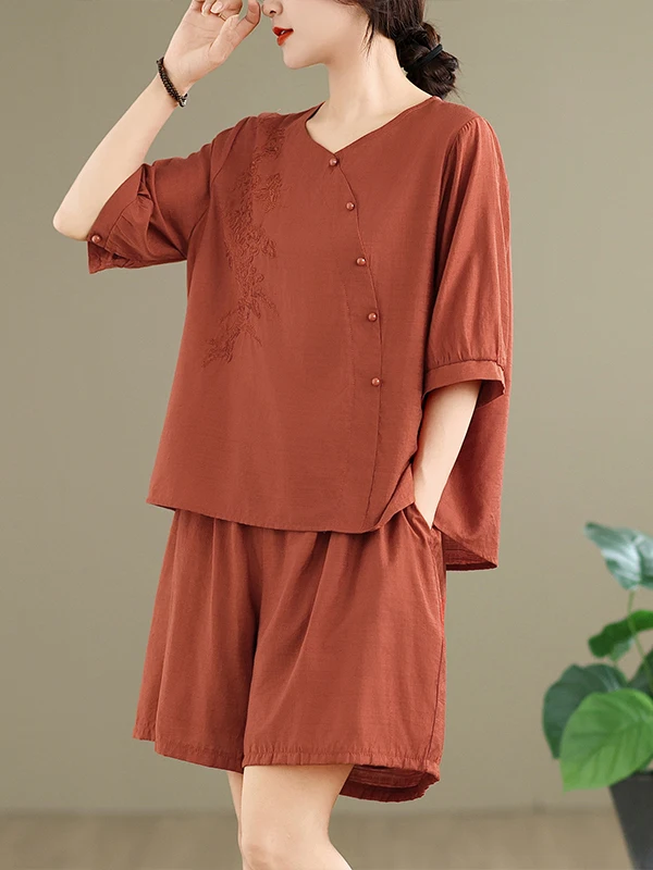 Conjunto de Roupas Fenas Plus Size de Verão Moda Solta com Bordado Top de Decote em V orts Casuais Conjunto de Duas Peç...