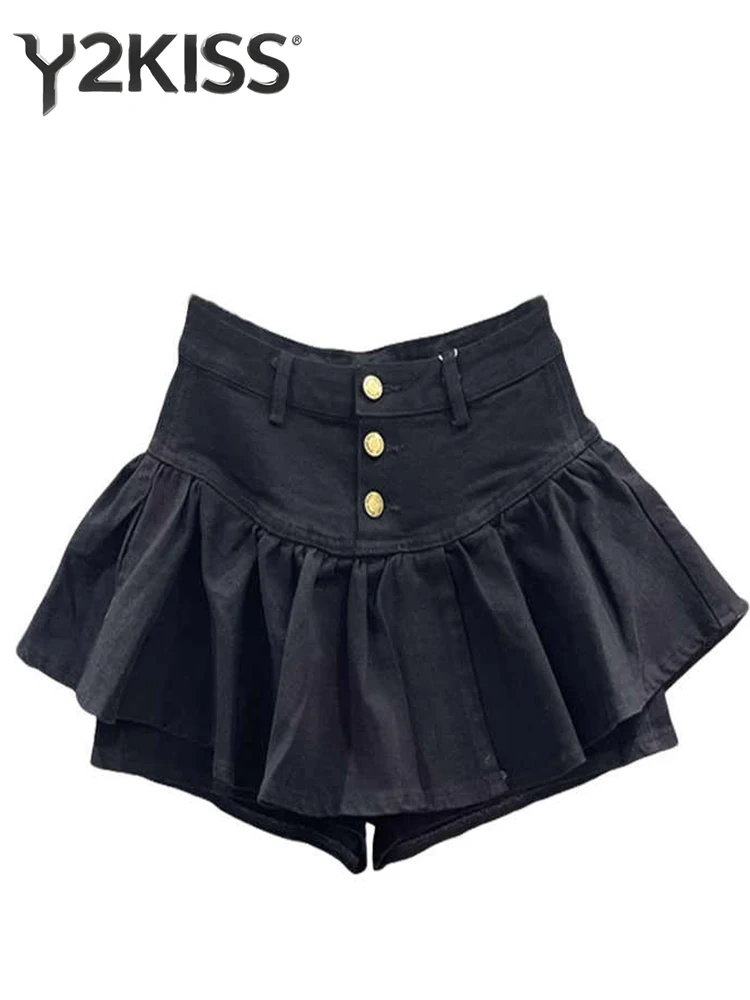 

2025 Autumn Winter Women High Waist Denim Mini Pleated A-line Skirt Coquette Gyaru Party Kpop 2000s Y2k Cyber Punk Culottes New