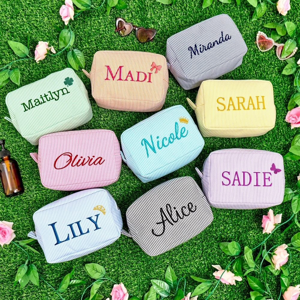 Seersucker Striped Custom Embroidered Name Makeup Bag, Personalized Zipper Toiletry Organizer Pouch, Travel Accessory
