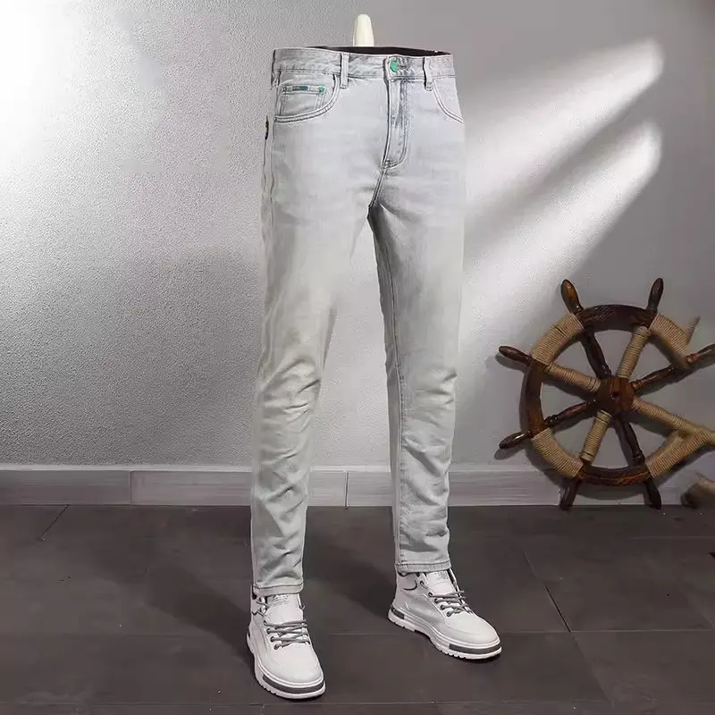 Fashion Designer Men Jeans Retro Light Blue Elastic Stretch Slim Fit Vintage Jeans Men Korean Style Casual Denim Pants Hombre