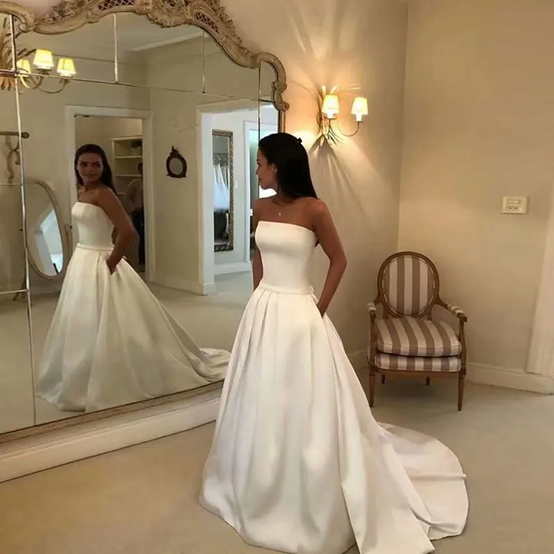 Customized Boat Neck Satin Women Wedding Dresses Court Train Simple Bridal Gowns Vestido De Noiva robe de mariée Abendkleider