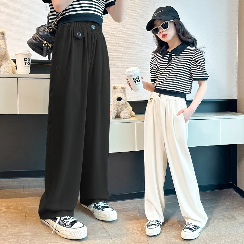 

Teenager Girls Black Beige Blazer Pants High Waist Casual Long Trousers Korean Fashion Wide Leg Pants Children Clothes 8 10 12Y