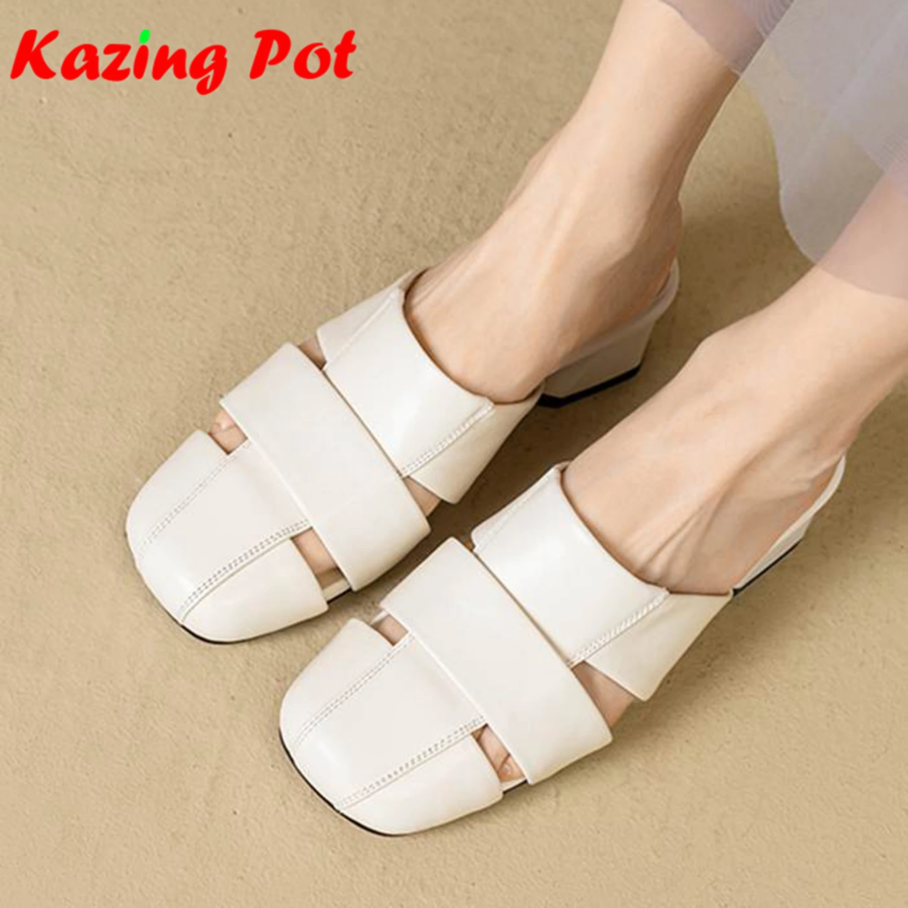 Krazing Pot Cow Skin Mules Square Toe Med Heels Summer Sandals Hollow Outside Slippers Big Size 43 Oriental Style Women Pumps