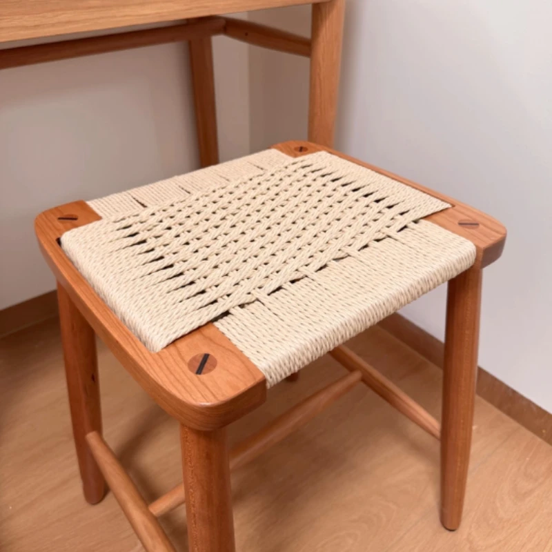 

Wabi-Sabi Rope Woven Bar Stool, Living Room Side Table Chair, Japanese Cherry Wood Vanity Seat, Multi-Scene High Chair