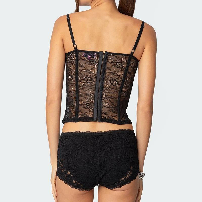 Sexy Sheer Lace Cupped Corset Camis Hook Eye Back Closures Crop Tops Fairy Coquette Women See Through Shorts 2 Piece Outfits