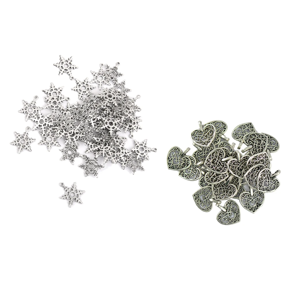 100pcs Mixed Antiqued Silver Tibetan Style Snowflake Heart Charms Pendants