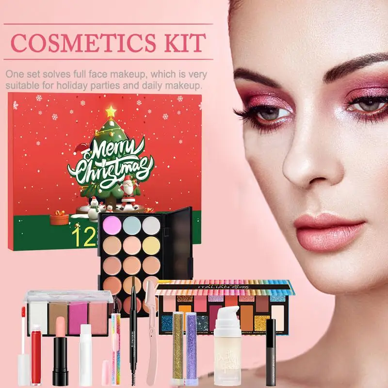 Calendrier de compte à rebours de Noël, kit de maquillage pour le visage, rouge à lèvres, ombre à barrage, correcteurs, cosmétiques, coffret cadeau, 12 pièces