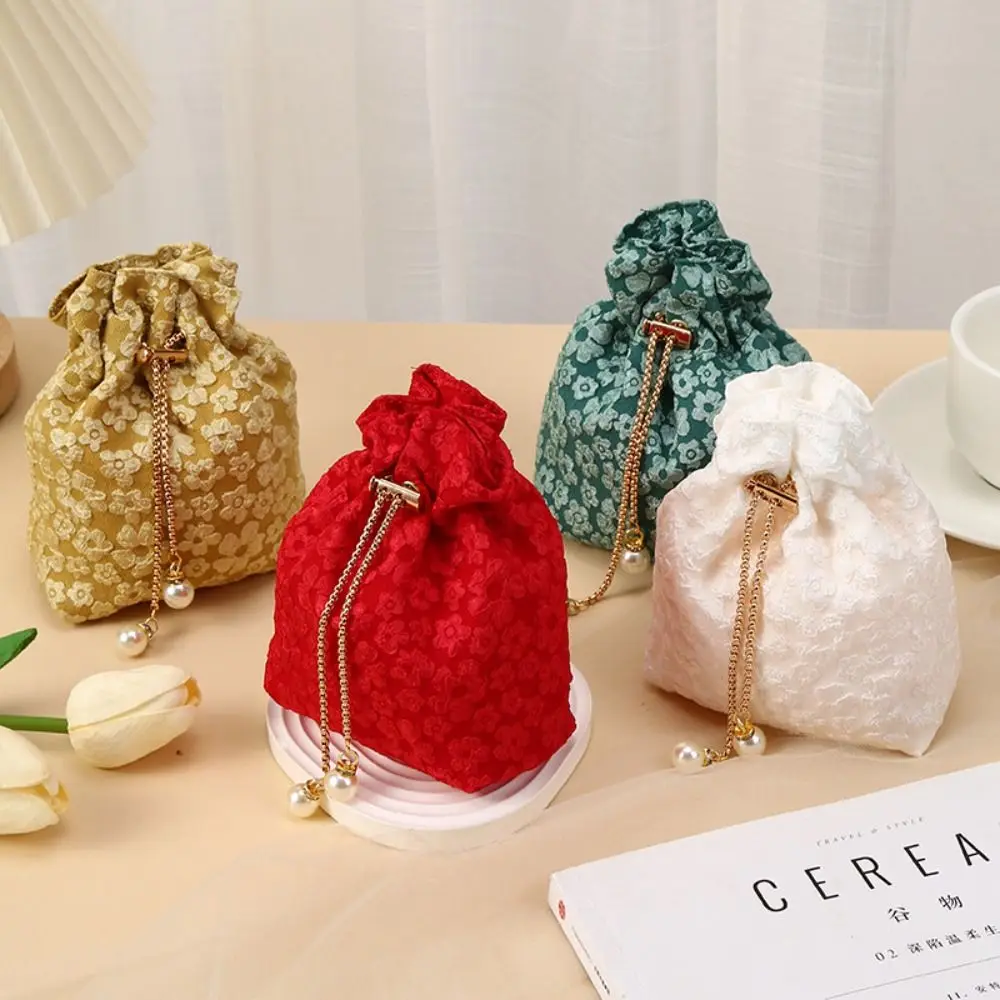 Pearl Flower Drawstring Bag Chain Korean Style Festive Sugar Bag Coin Purse Wallet Jewerly Packing Bag Wedding Bucket Bag