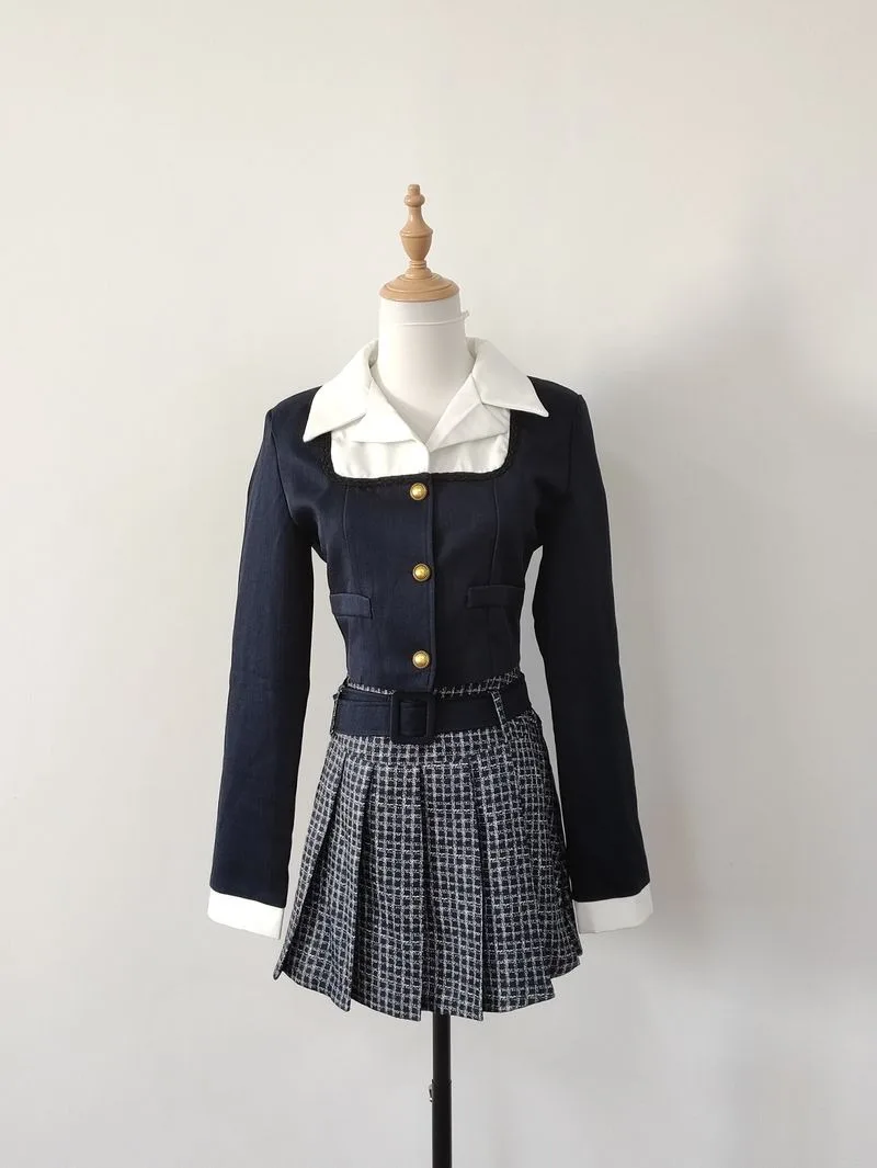 Korean Academy Square Collar Coat Plaid Skirt Two Piece Set Women Fashion Lapel Contrast Belt Sweet Gentle Spring Slim Chic Suit