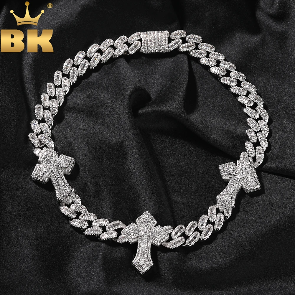 THE BLING KING 3pcs Cross Icy Miami Cuban Link Chain Necklace Prong Setting 5A Cubic Zirconia Choker HipHop Fashion Jewelry