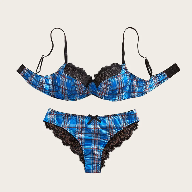 

Women's Lingerie Vintage Plaid Underwear Lace Splicing Sweet Bra Set Translucent Sexy Lingerie Comfortable Intimate Lingerie Set