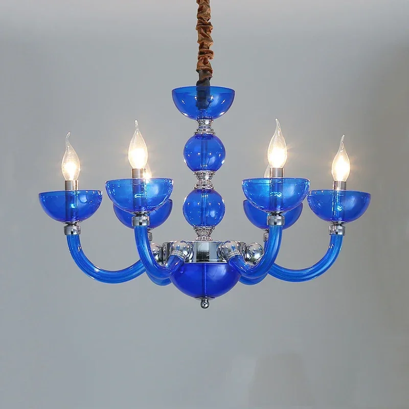 European Mediterranean Blue Ambience Chandelier E14 Glass Pendent Lamp Hotel KTV Apartment Bedroom Creative Droplight Decoration