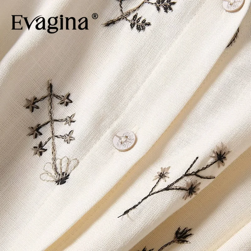 Evagina Summer Women's Dress Turn-Down Collar Short-Sleeved Single-Breasted Lace-Up Linen Embroidered Vintage Elegant Dresses