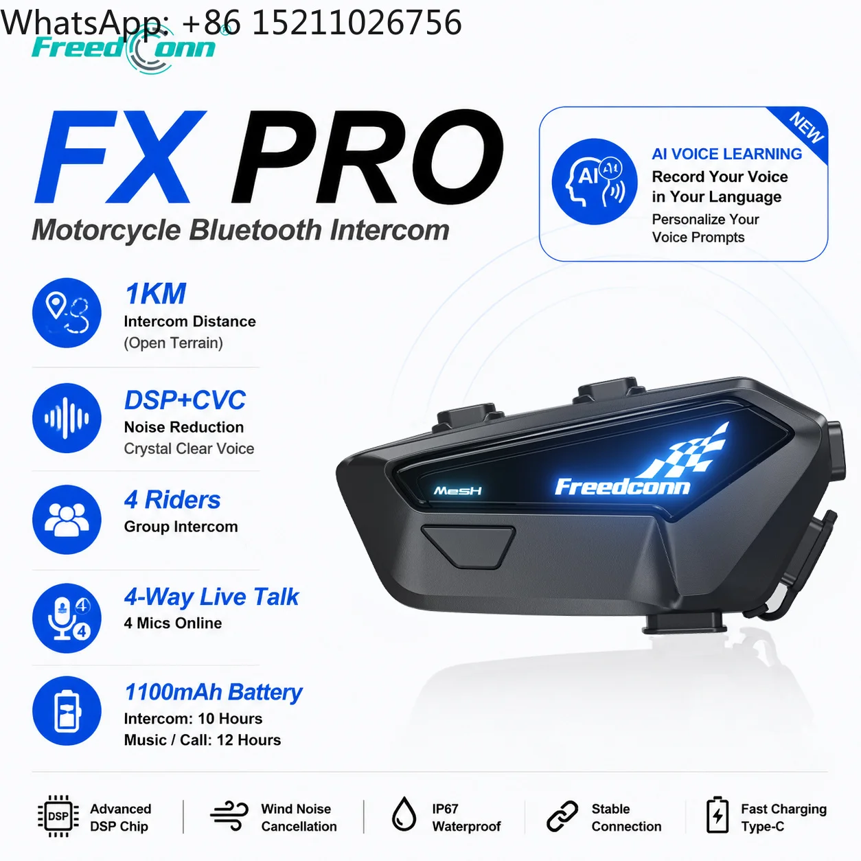 for FX PRO Hi-Res Sound Quality Certified 5.1+EDR Intercom 2-6 Riders 1000m Range AI Noise Reduction Motorcycle Intercom