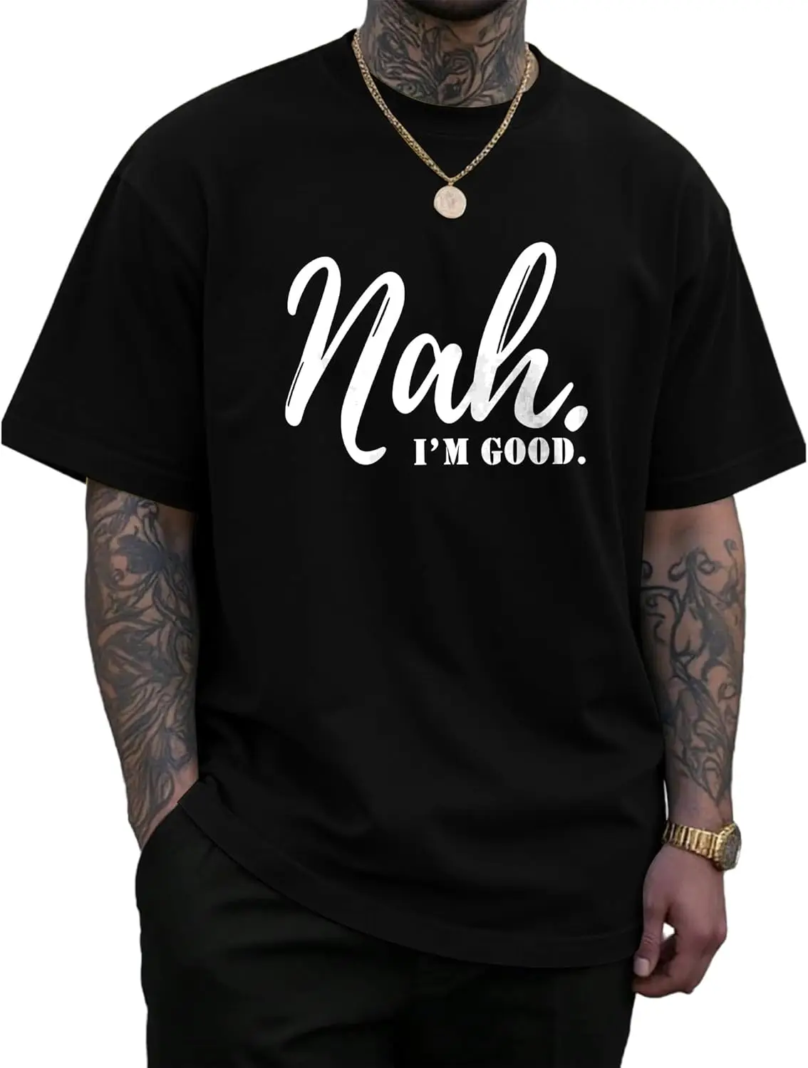 Mens T Shirts Funny Letter Graphic Nah, I’M Good. Summer Streetwear Short Sleeve 100% Cotton Trendy Y2K Short-Sleeve Tee – Soft,