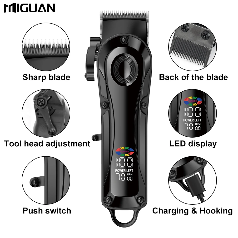 Professional men's hair clipper with LED display screen, rechargeable lithium battery, USB charging, wireless trimmer with