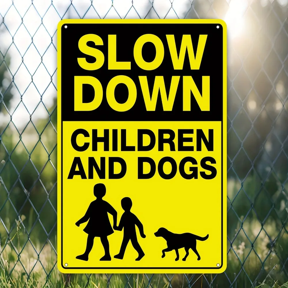 Yellow Black Kids & Dog Caution Metal Sign Slow Down Traffic Warning Plate Private Road Courtyard Outdoor Rustic Safety Notice D
