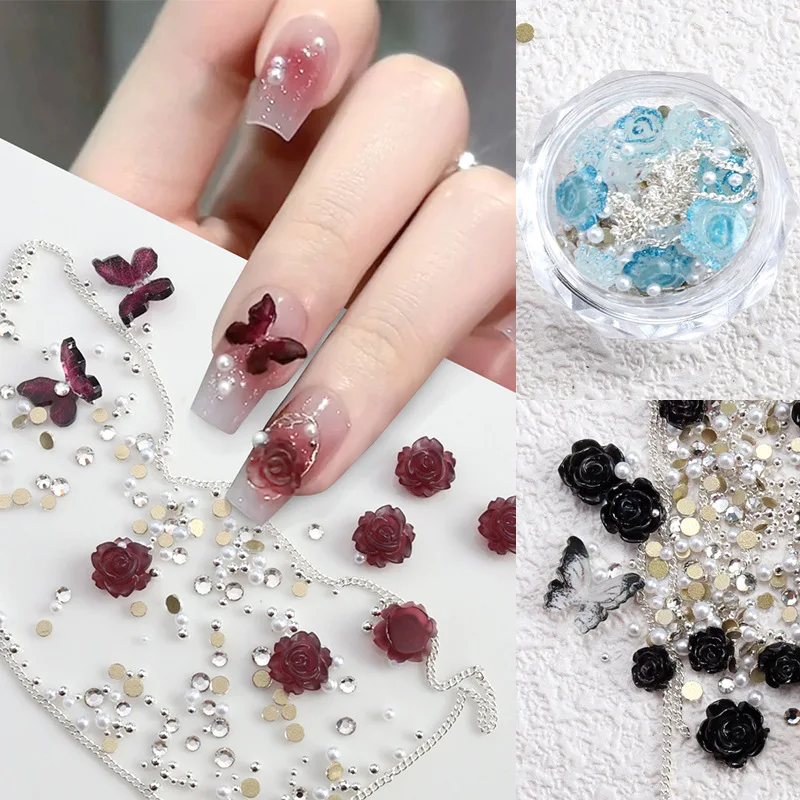 

1 Pot Mixed Design 3D Acrylic Flowers Nail Art Butterfly Charms Rhinestone Pearl Chain Accessories For Nails Decoration Supplies