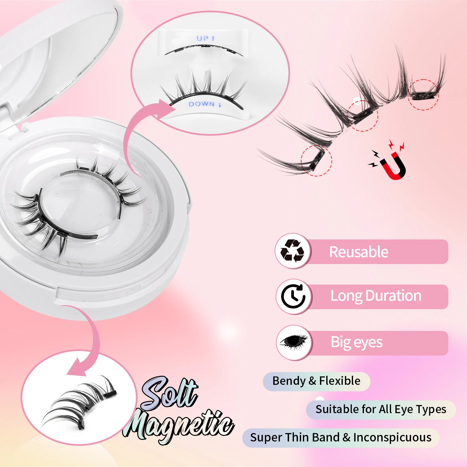 2 Pairs of Magnetic Eyelashes, Anime-Style Reusable Magnetic Eyelashes, Comes with Eyelash Curler and Mirror, Comic-Like, Little Devil Pointed Style False Eyelashes, Waterproof, No Glue Needed, Suitable for Sensitive Eyes view 4
