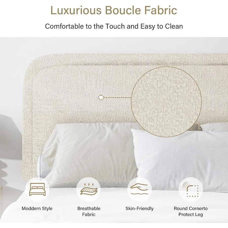 โครงเตียงขนาดทวินไซส์ ดีไซน์แบบแพลตฟอร์มหุ้มผ้าคลาวด์บุเคล พร้อมหัวเตียงสไตล์โมเดิร์นที่มีมุมโค้งมนนุ่มนวล