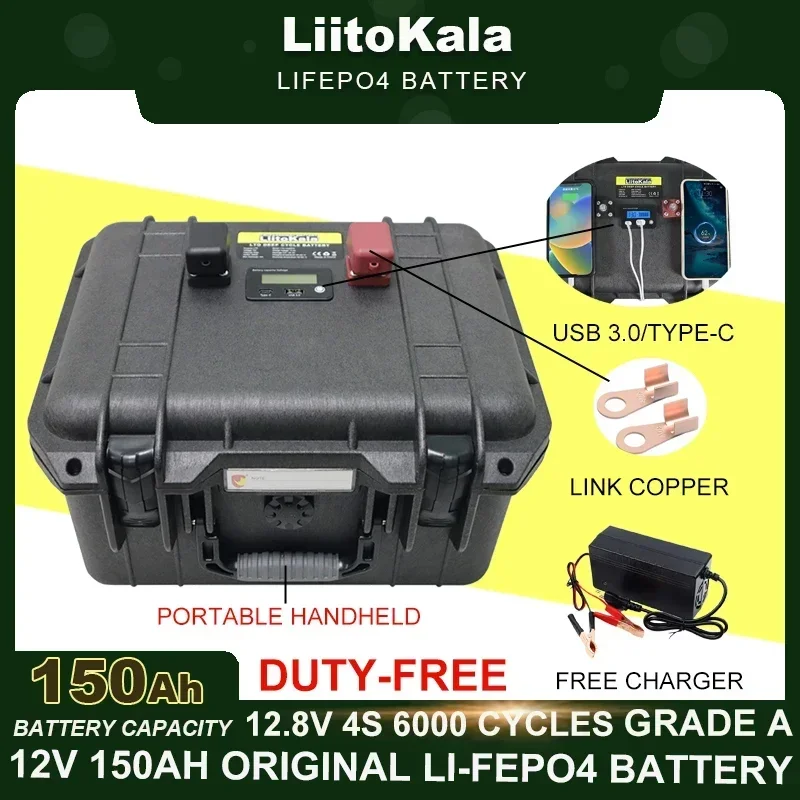 LiitoKala 12v 150AH 80Ah LiFePO4 Battery 12.8v Multifunctional Portable suitcase Camp Inverter Car lighter Batteries Duty-free