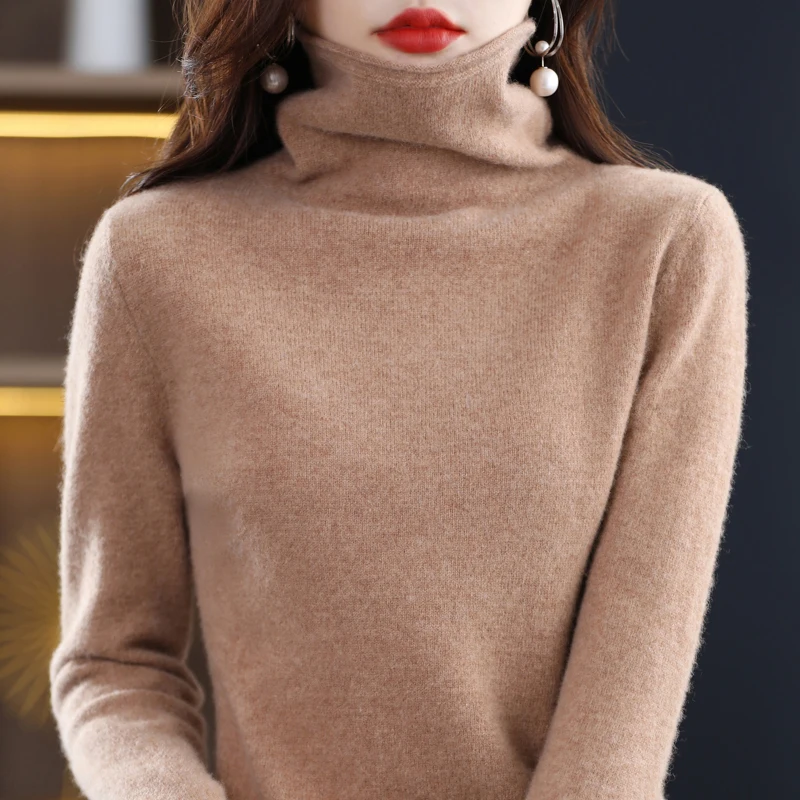 New 100% merino wool turtleneck cashmere sweater in autumn and winter women\'s casual knitted coat women\'s coat Korean fashion