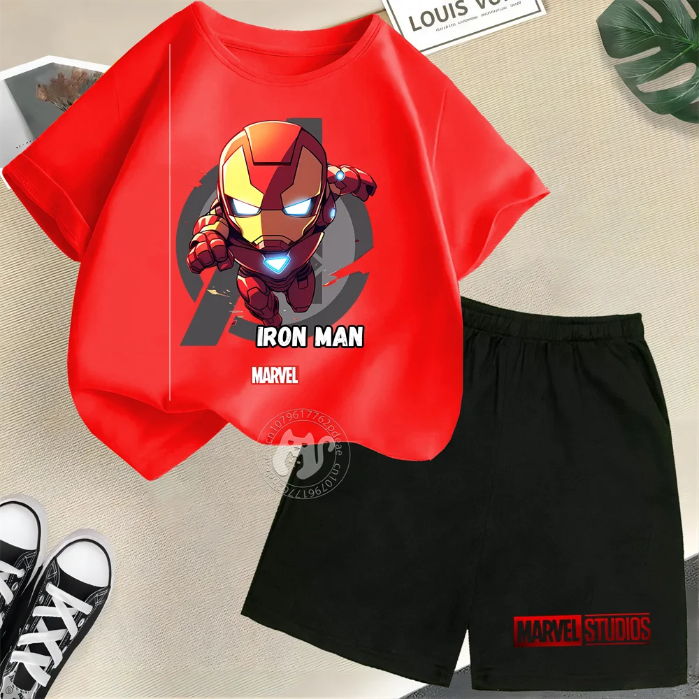 Superhero Kids Summer 100% Cotton Teen Crewneck T-shirt + Shorts Iron Man Print Boys Girls Comfortable Casual Suit   Disney Mick