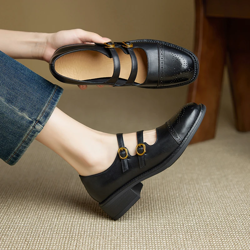 2026 new spring summer women pumps natural leather plus size 22-25cm washed cowhide+pigskin round toe buckle women shoes
