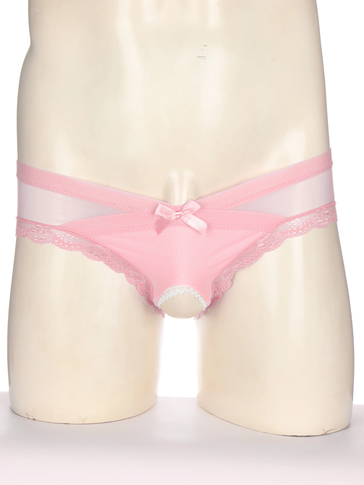 Mens Sissy Cross-Dresser Underwear See-Through Mesh Crotchless Briefs Low Rise Lace Trim Underpants Sexy G-String Thongs