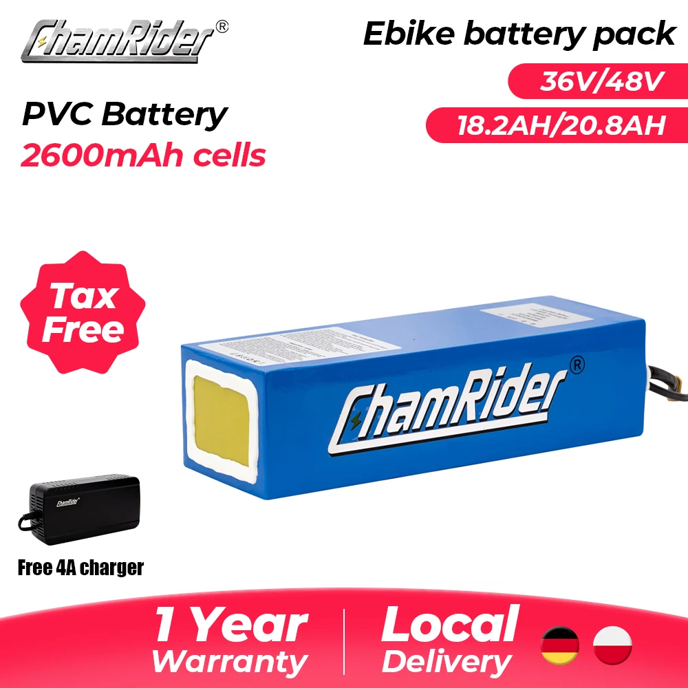 ChamRider – batterie de vélo électrique en PVC, 36V/48V, 18,2 ah/20,8 ah, 30a, BMS 18650, 2600mAh, Pack au Lithium, longue portée pour Scooter électrique