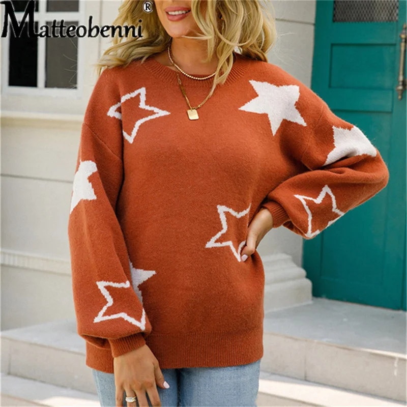 2022 Autumn Winter Women Sweaters Round Neck Pentagram Decoration Long Sleeve Cute Knitted Pullover Warm Sweater Elegant Jumper