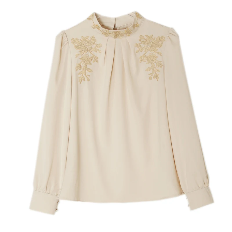 

2025 Women's Elegant Embroidery Silk Blouse New Stand Collar Shirts Office Lady Tops Solid Color Fashion Women Clothing