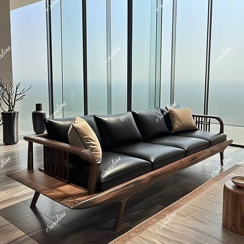 

Массив дерева, гостиная, современный простой легкий роскошный кожаный диван, три человека, небольшая квартира