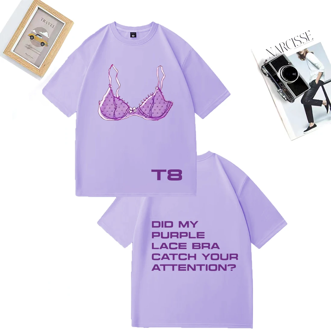 Tate McRae Purple Lace Bra So Close To What print T Shirt Men Woman's vintage Oversized 100% Cotton Summer Unisex plus size Tops