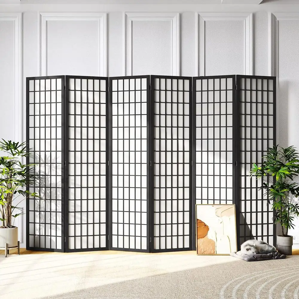 Japanese Style 6-Panel Black Room Divider for Privacy and Separation, 70.9H x 104W