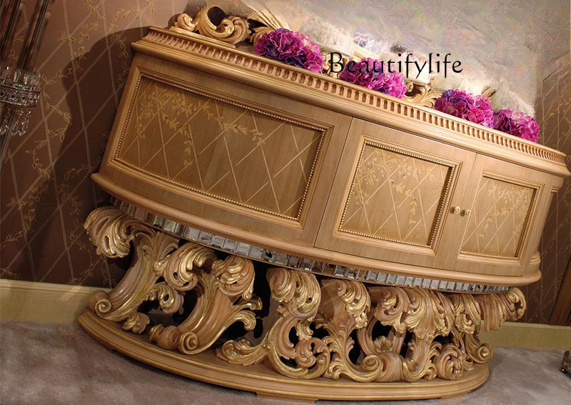 Luxury villa dining room furniture, solid wood carving flower European-style entrance cabinet, luxury dining side storage