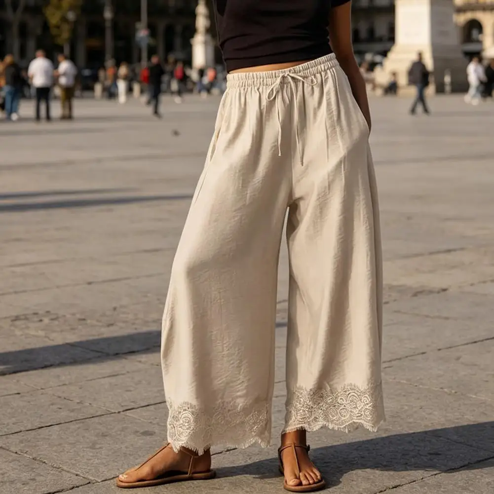 Lady Cropped Lace Hem Pants Curved Knife Shaped Pants With Elastic Waistband And Lace Hem Casual Loose Summer Wide Leg Trousers