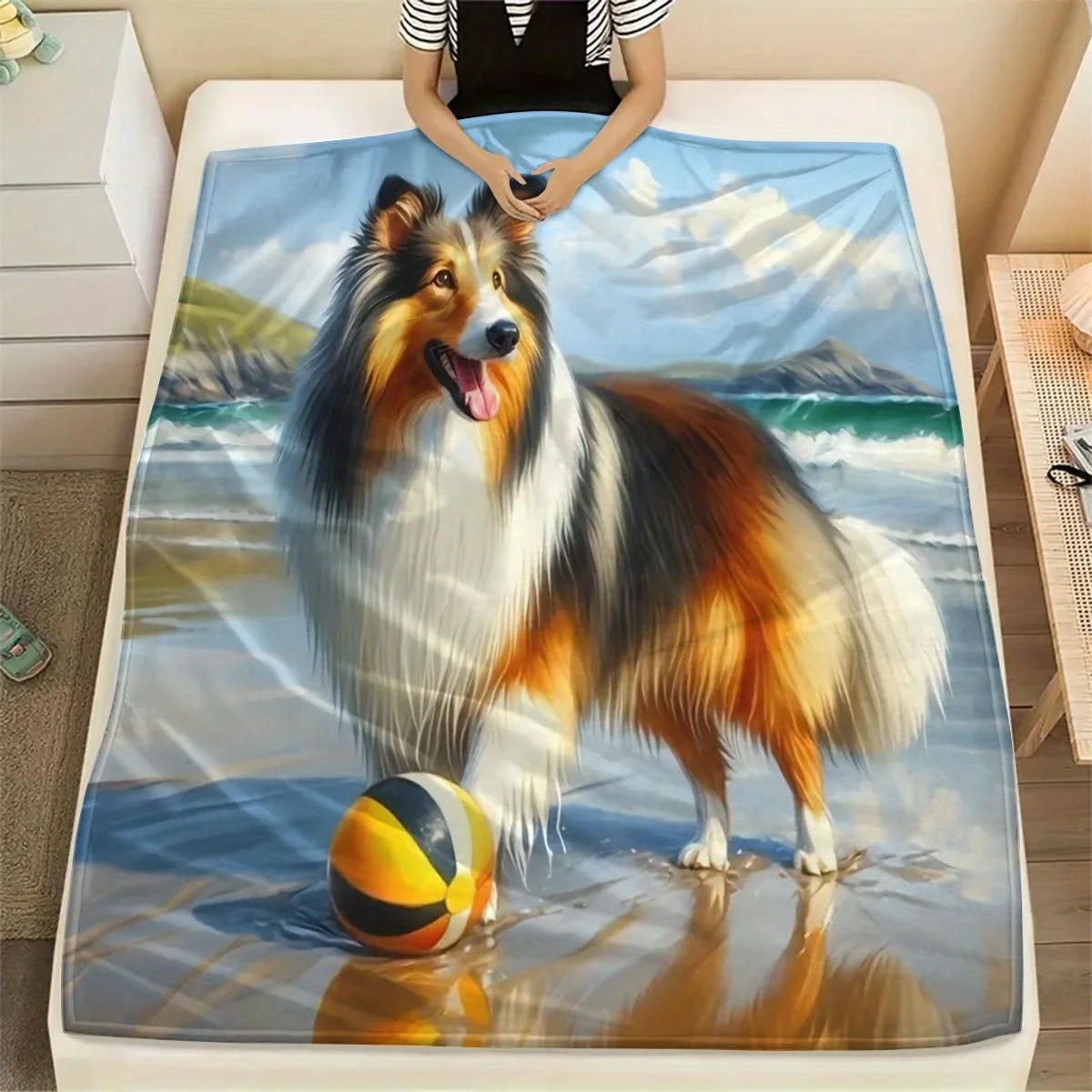 Beach Rough Collie Flannel Throw Blanket Cute Long-haired Collie Dog With Beach Ball On Seaside Coast Oil Painting Print