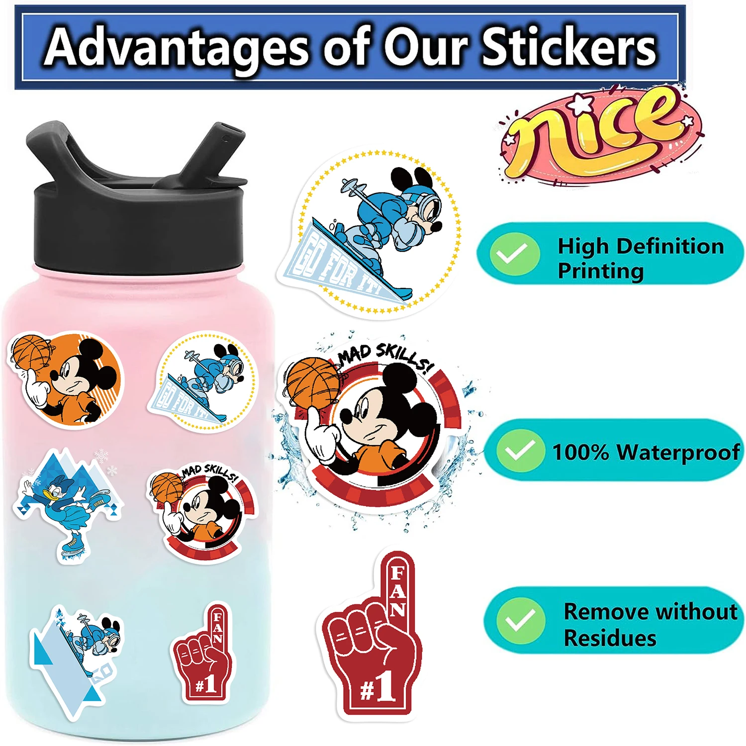 ディズニー 50 個 スポーツ ミッキー ステッカー 日記 ラップトップ 荷物 スケートボード 漫画ステッカー 楽しい クラシック ギフト デコレーション