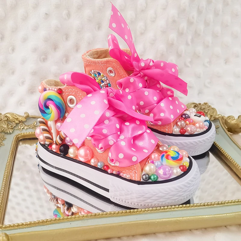 Random Lollipop Rainbow Candy Canvas Simulation DIY Kids Pearls Sneakers For Girl Birthday Party Dollbling Handmade Bling Shoes