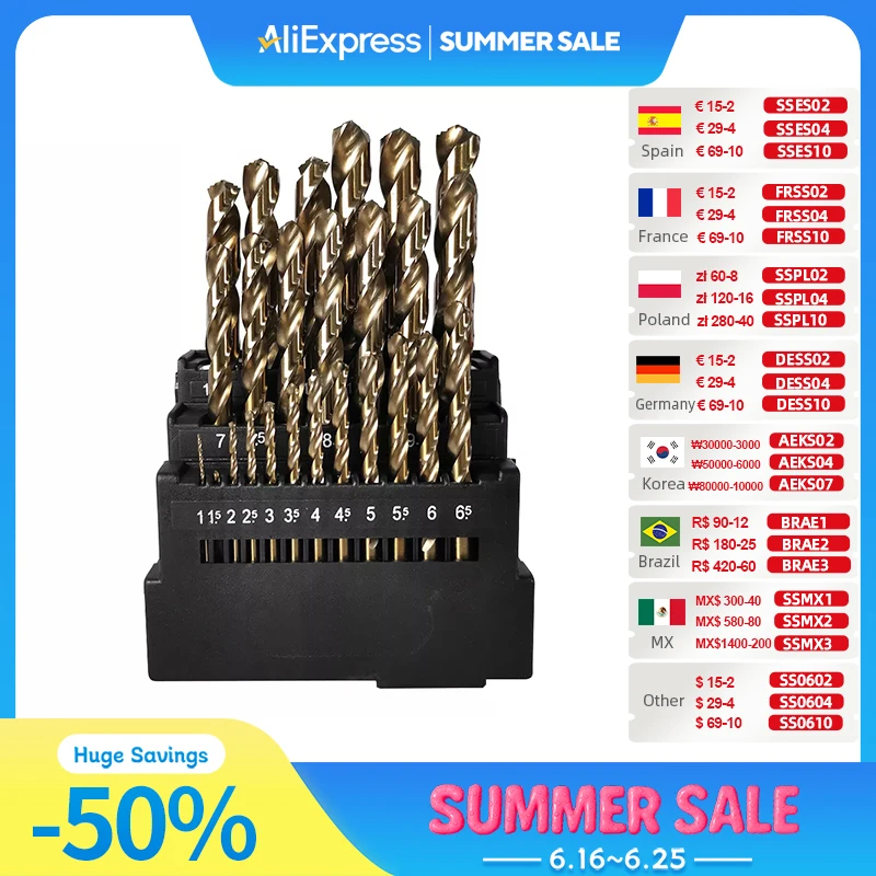 

ALLSOME 13/19/25 шт. 8% высокопрочные Hss M42 кобальтовые спиральные сверла для нержавеющей стали древесины металла набор инструментов с 3 краями